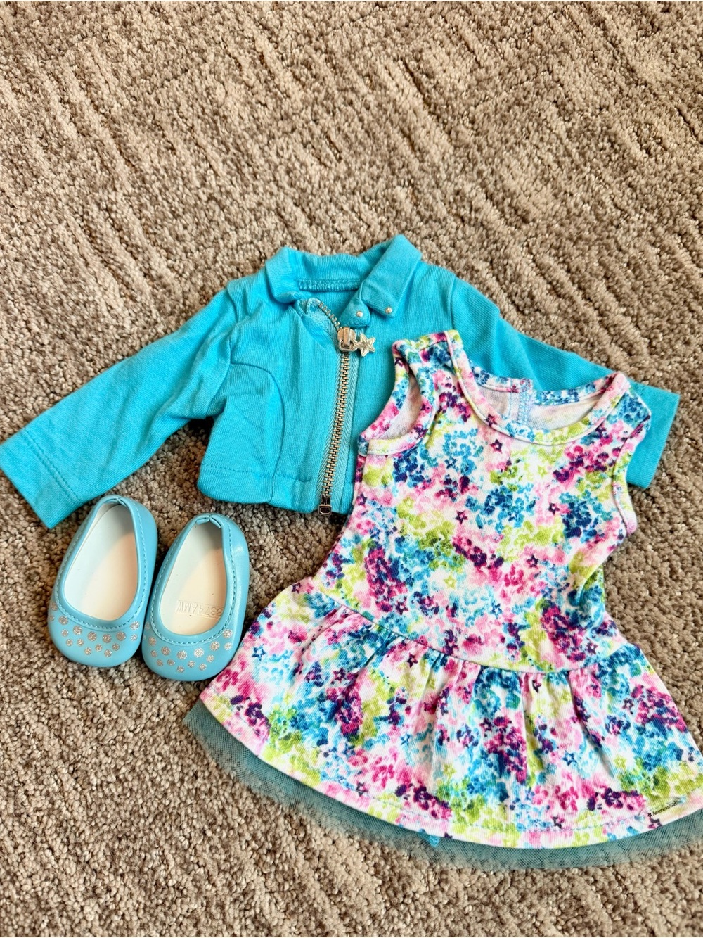 American Girl Blue Jacket Floral Dress Pink Bloomers Blue Shoes